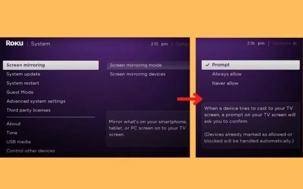 How to set up the screen mirroring option in Roku device is shown