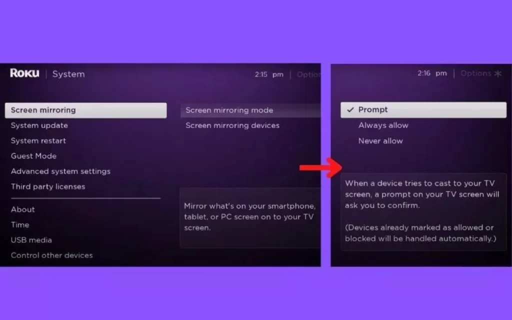 Screen Mirroring option on Roku