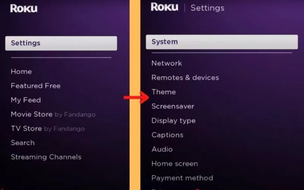 Showing settings and system options on Roku device