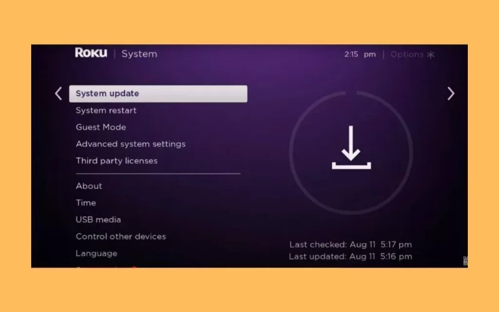 Showing system update option in Roku device