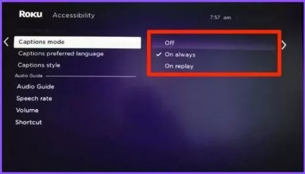 Showing Captions mode on Roku device