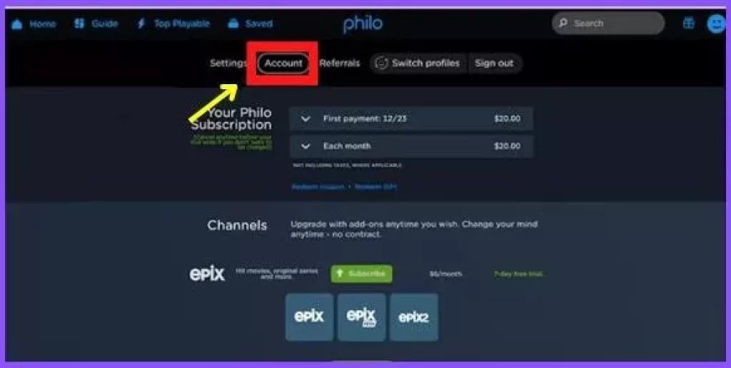Showing account option on Philo site