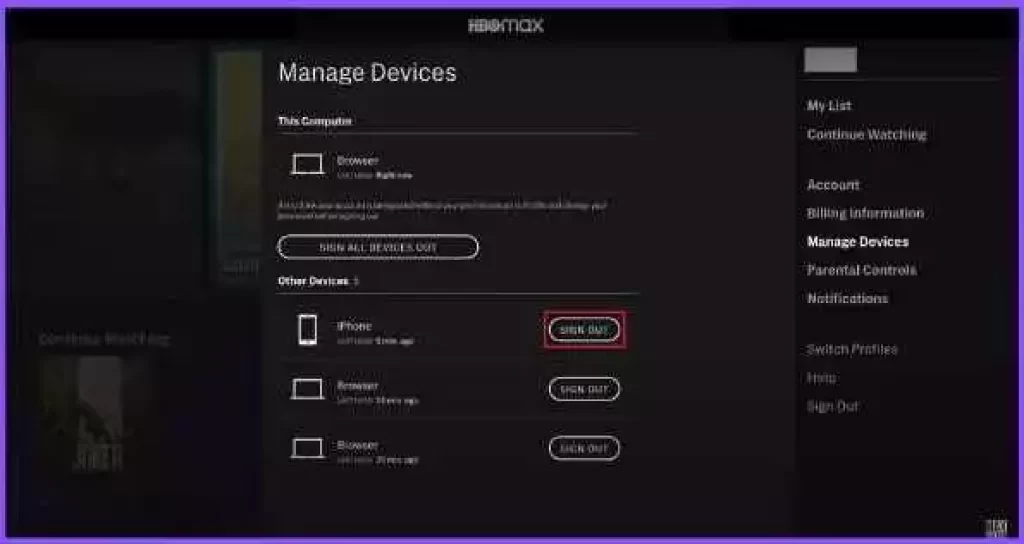 Showing the logout option of devices in the Manage Devices option on the HBO Max site