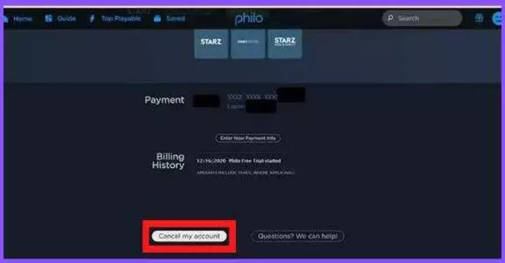 Showing the Cancel My Account option on the Philo site