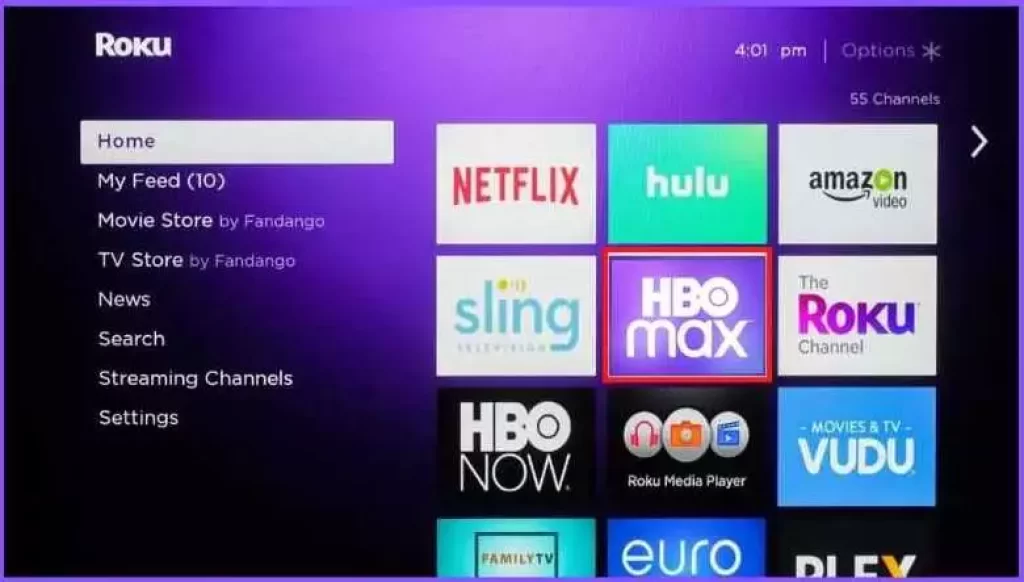 Showing the HBO Max app on the Roku home screen