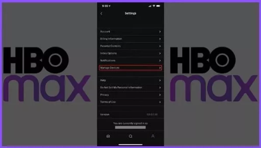 Showing the Manage Devices option on HBO Max's mobile app