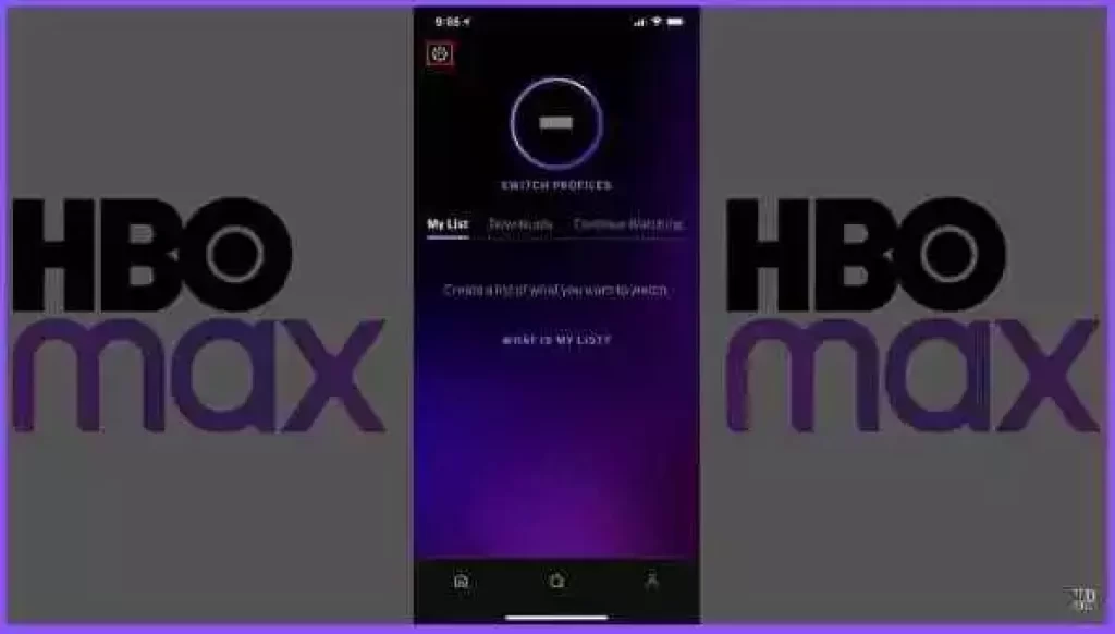 Showing the Settings icon on the HBO Max mobile app