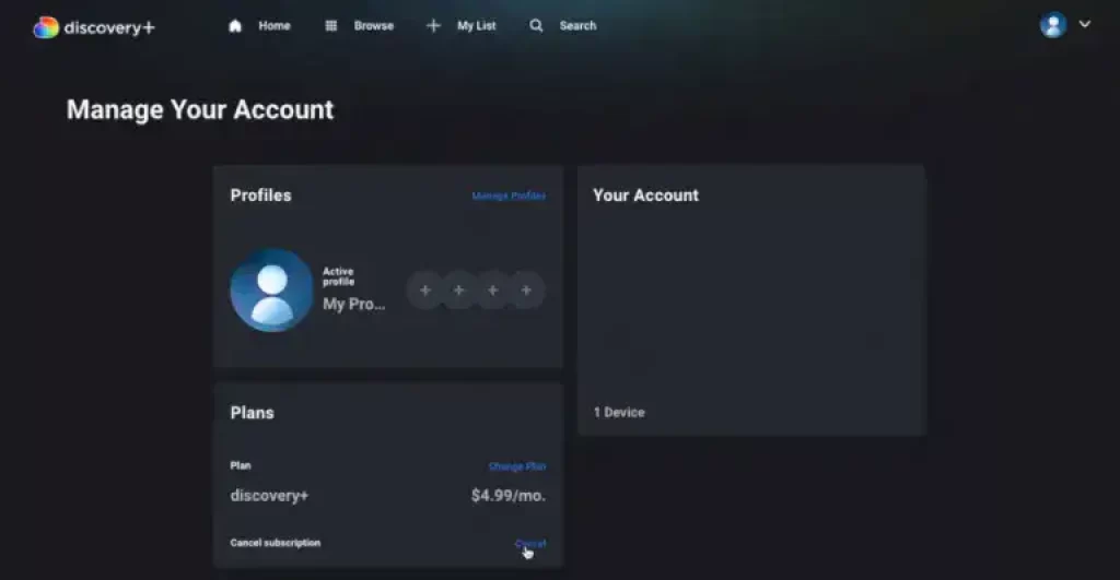 Manage your account page in the Discovery Plus official site