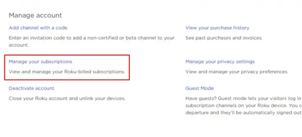 Manage your subscription page in Roku's official site