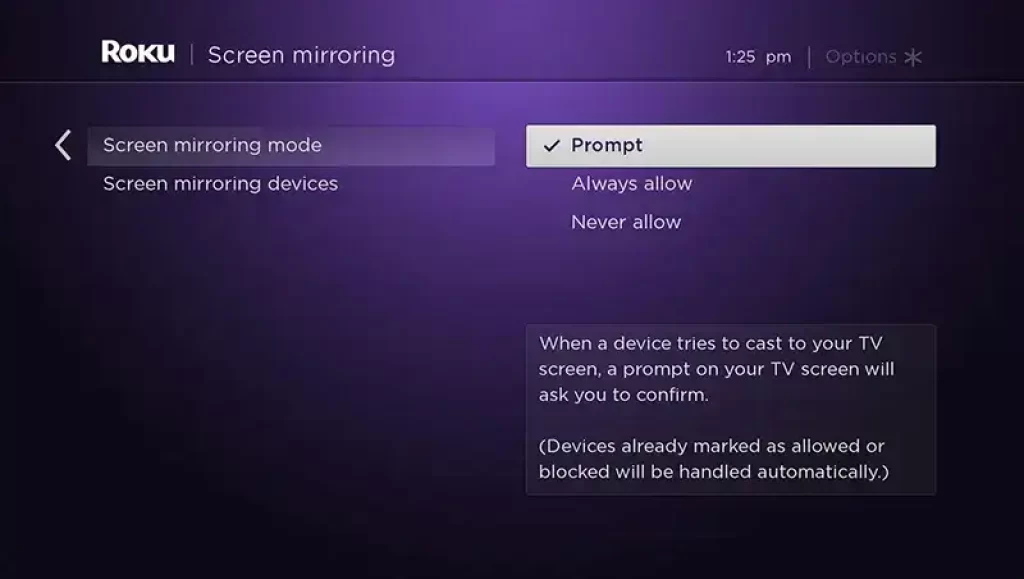 Screen Mirroring Mode page on Roku device