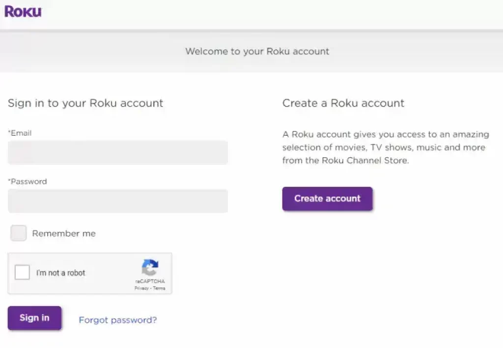 Showing the Sign in page on Roku's official site