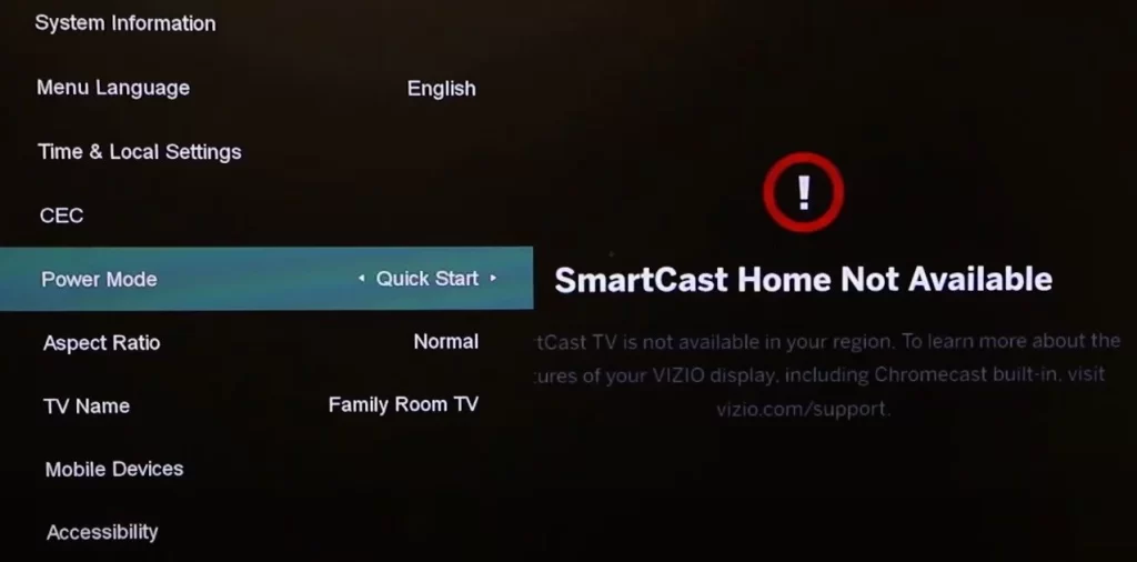 Quick Start option in TV set