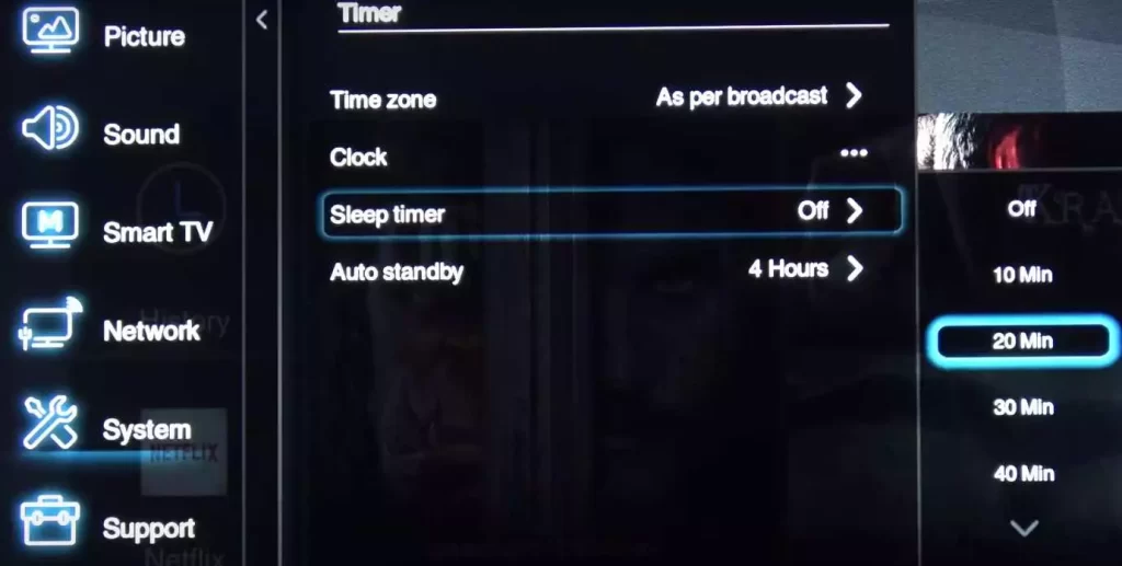 Sleep timer option in the TV set