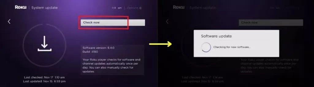 Check now option on Roku TV