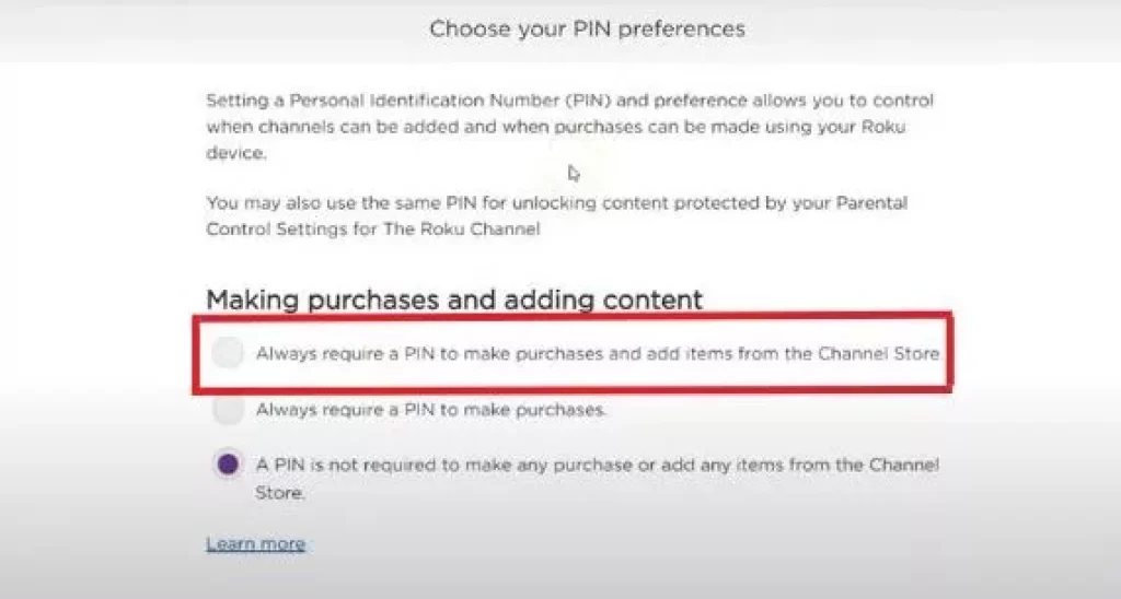 PIN preference option on Roku's site