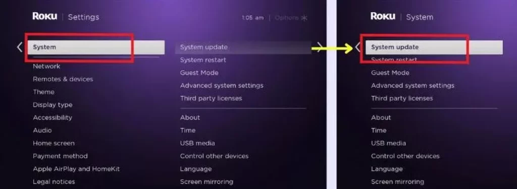 System and System Update options on Roku TV