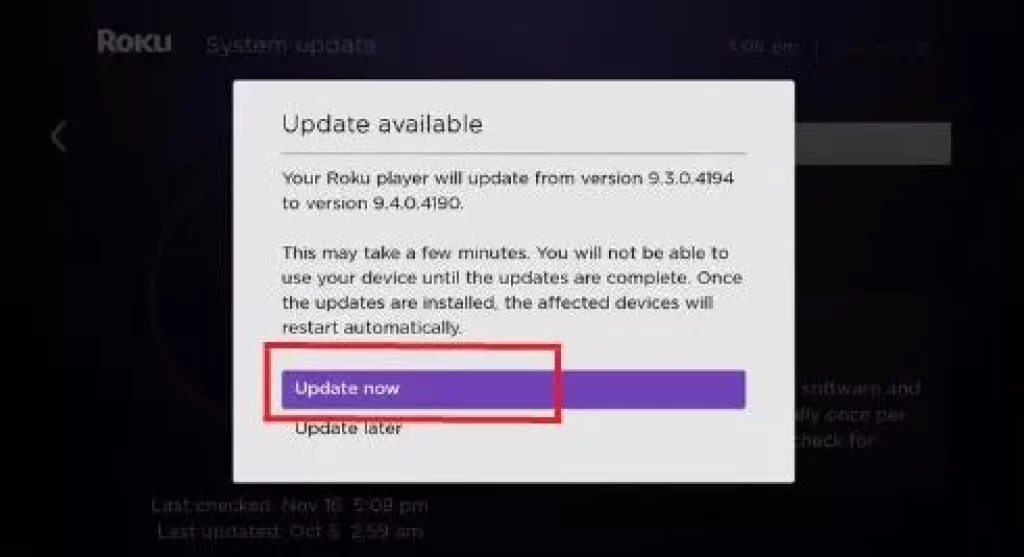 Update now option on Roku TV