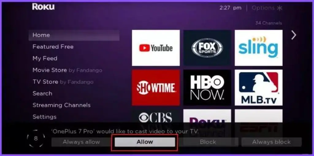 Roku showing a popup notification during cast connection via mobile on TV