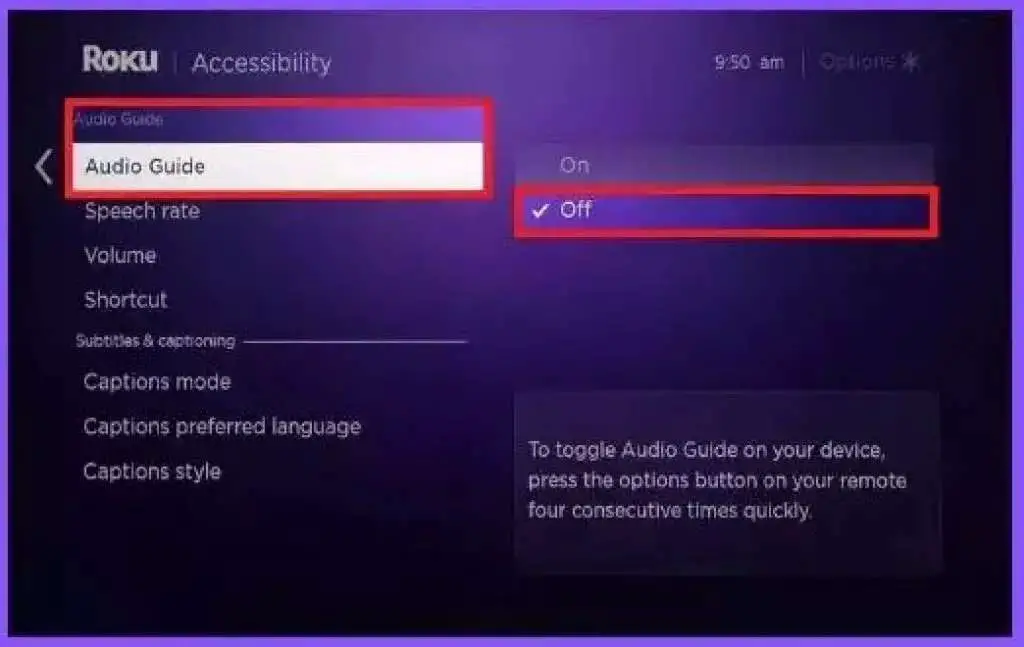 Showing Turning off the Audio Guide option on Roku