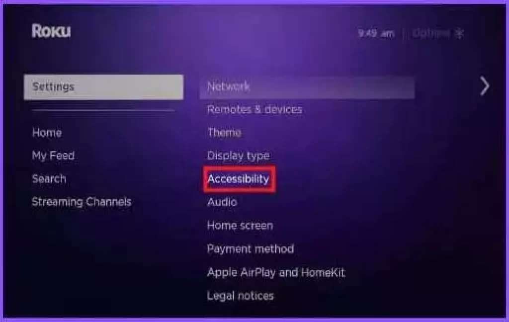 Showing accessibility option on Roku