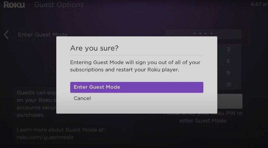 choose roku tv enter guest mode option