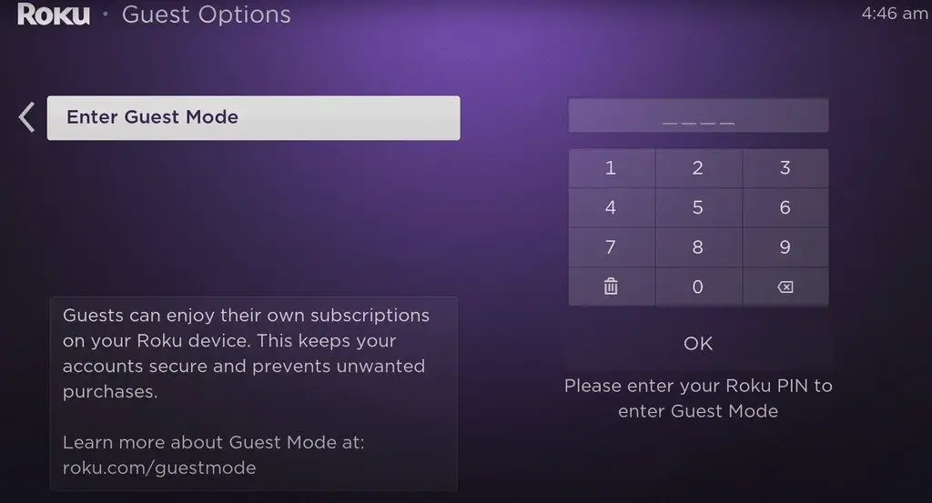 roku tv enter guest mode option