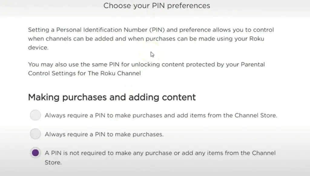 PIN Preference option on roku website