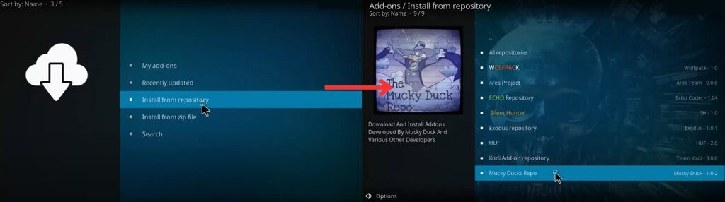 Install from repository option in Kodi app