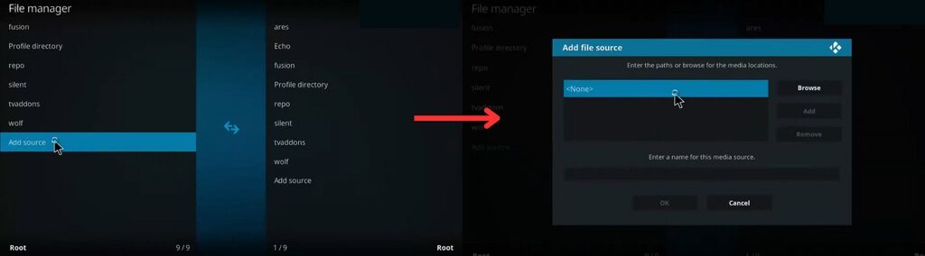 Select Add source and None option in Kodi app.
