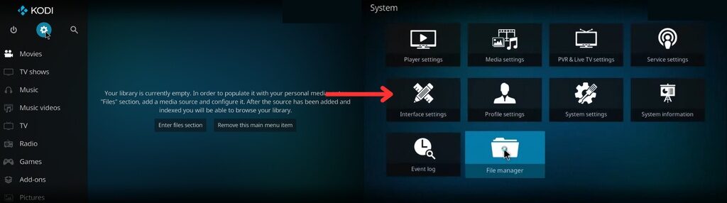 Settings and file manager options in Kodi app