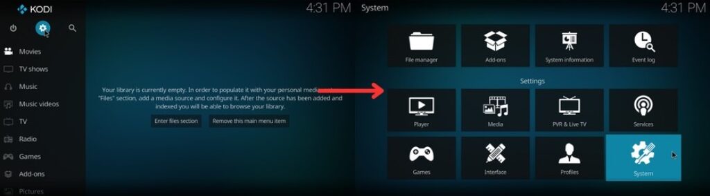 Settings and system setting options in the Kodi app