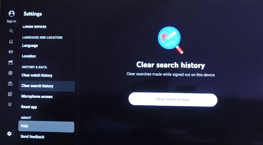 Clear search history button on TV screen.