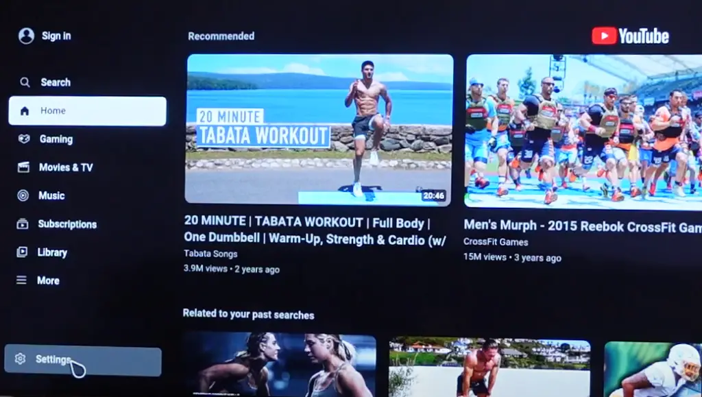 Settings option of YouTube app in TV
