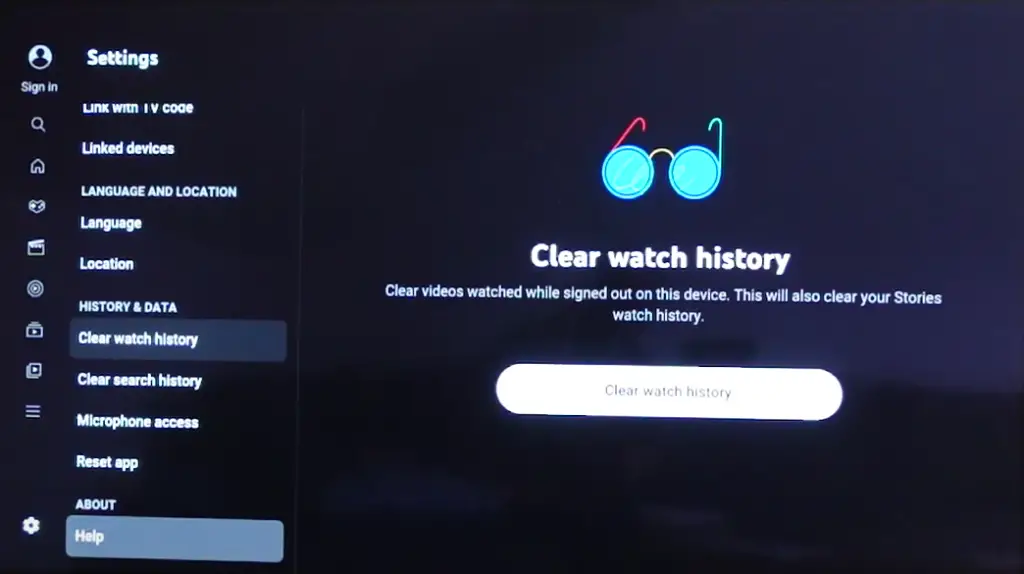 TV screen showing Clear Watch History button