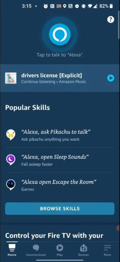 Home page of Alexa App in smartphone