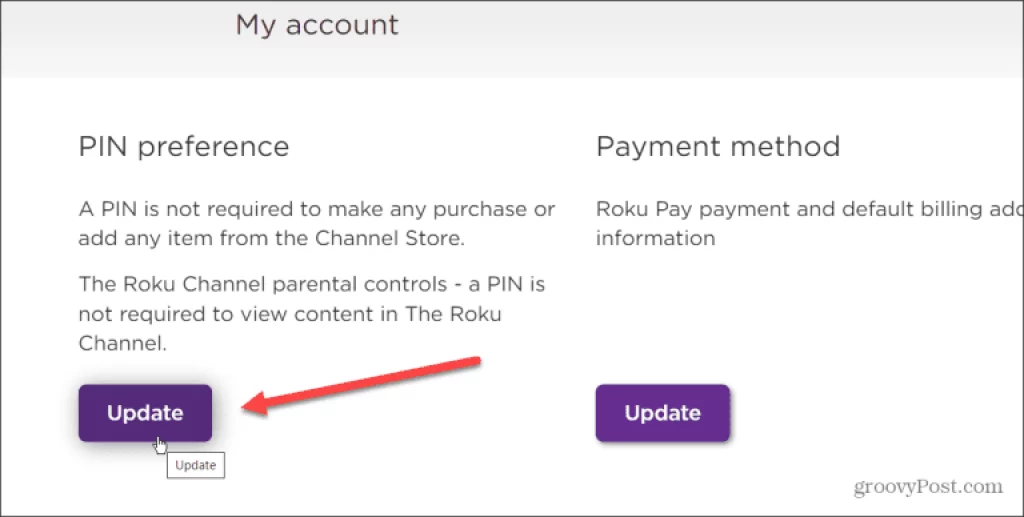 PIN preference option on the Roku site