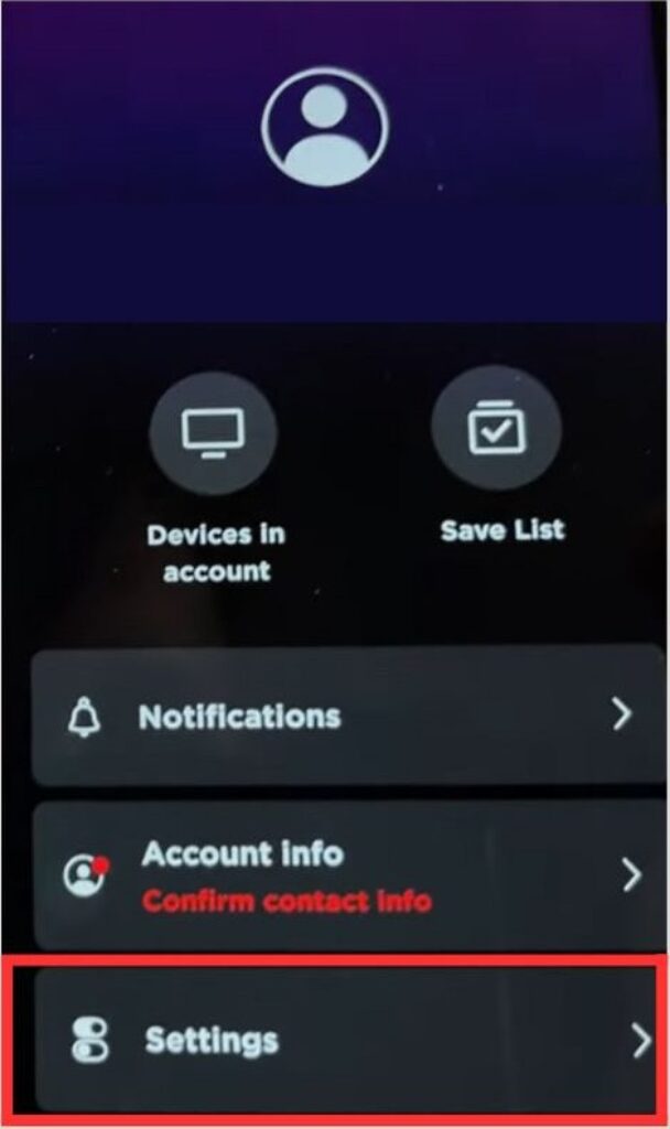 Settings option in roku mobile app